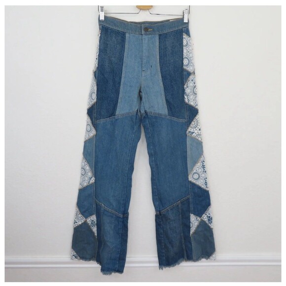 We the Free In My Element Kaleidoscope Patched High Rise Raw Hem Flare Jeans NEW - Picture 3 of 10